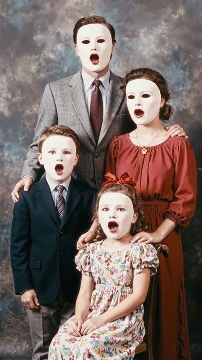 A family portrait in period dress, every face covered by a blank white mask with an open mouth.