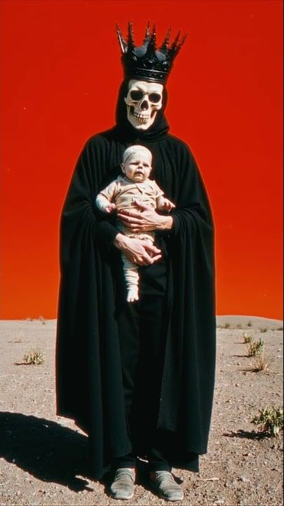A figure in a black cloak and spiked crown, wearing a skull mask, holds a baby in a desert under a red sky.