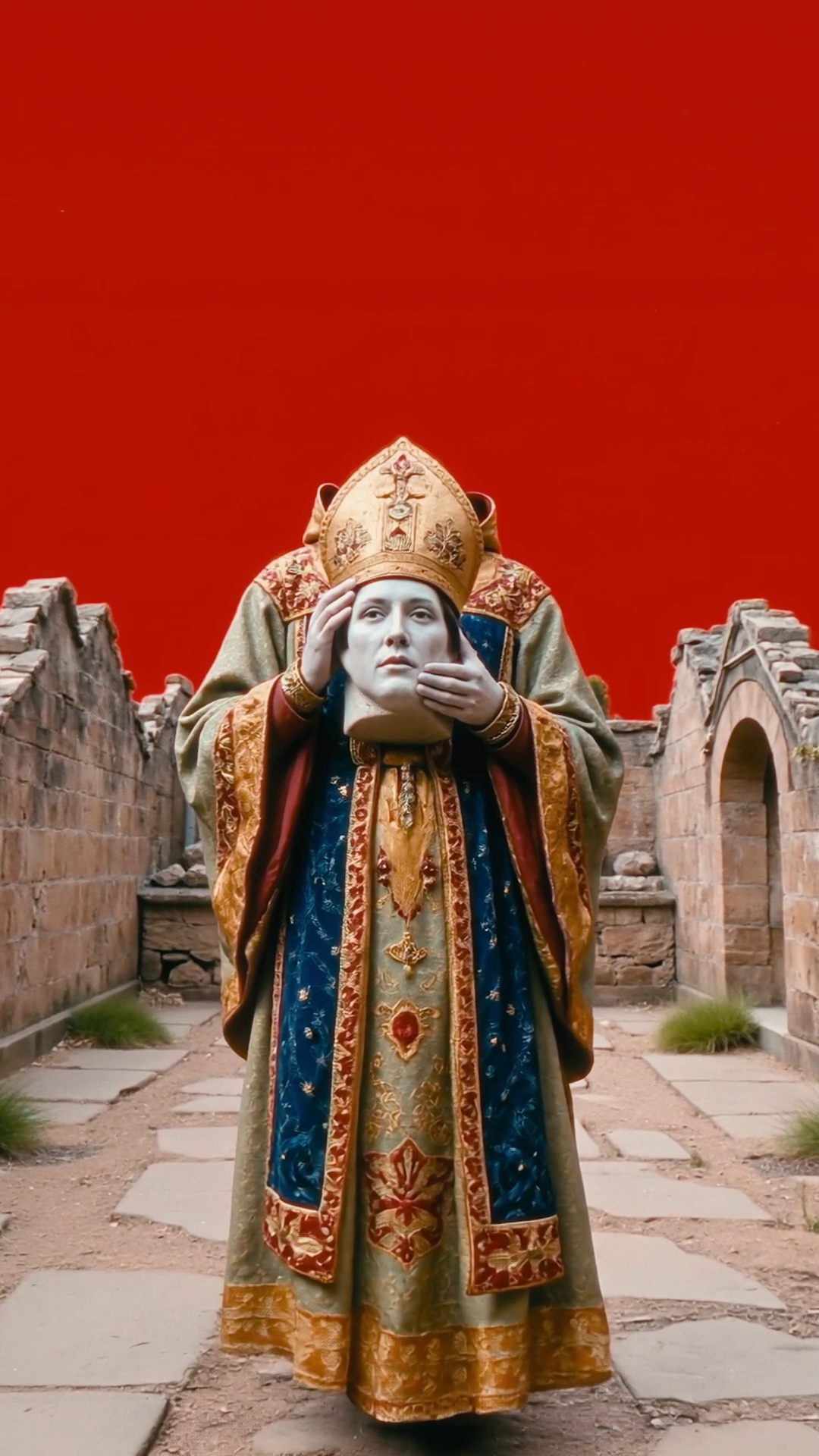 A masked figure in a crown sits cross-legged among stacked televisions on a rooftop, under a red sky.